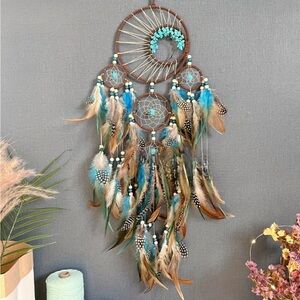 Large Boho Dreamcatcher Wall Hanging - Turquoise & Feather Decor